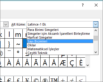 Kesirleri ve diğer matematik simgelerini göstermek için Alt Küme iletişim kutusunda Sayı Biçimlerini seçin