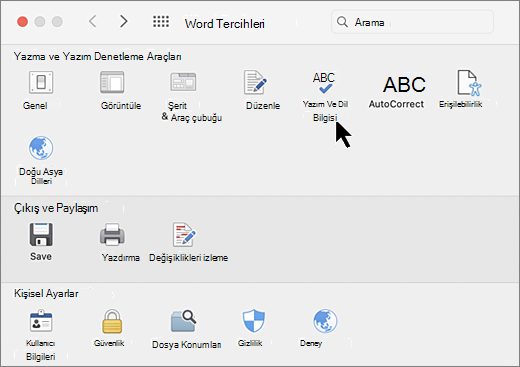 Yazım Denetimi'nin seçili olduğu Mac Tercihleri iletişim kutusu