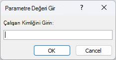 Access'te Çalışan Kimliğini Gir etiketli tanımlayıcı, değer girebileceğiniz bir alan ve Tamam ve İptal düğmeleri bulunan beklenen Parametre Değerini Girin iletişim kutusu örneğini gösterir.