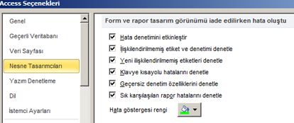 nesne tasarımcıları kategorisinde bulunan hata denetleme ayarları