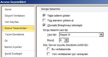 sorgu tasarım ayarlarını gösterir