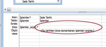 Sorgu tasarım kılavuzu Ekle satırı