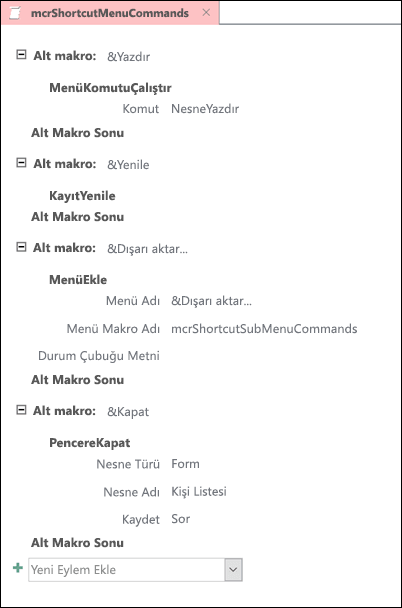 Dört alt makro içeren bir Access makrosunun ekran görüntüsü