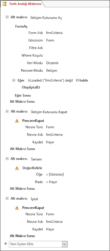 Dört alt makro ve eylem içeren bir Access makrosunun ekran görüntüsü