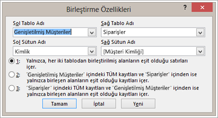 Sol tablo adı vurgulanmış olarak Birleştirme Özellikleri’nin ekran görüntüsü