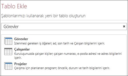 Tablo Ekle ekranında tablo şablonu arama kutusu.
