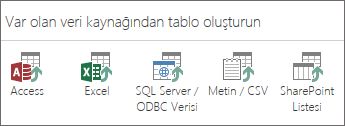 Veri kaynağı seçimleri: Access; Excel; SQL Server/ODBC Verisi; Metin/CSV; SharePoint Listesi.