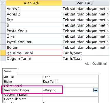 Bir Access tablosunda Tarih/Saat alanının varsayılan değerini ayarlama.