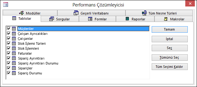Access'te Performans Çözümleyicisi iletişim kutusu