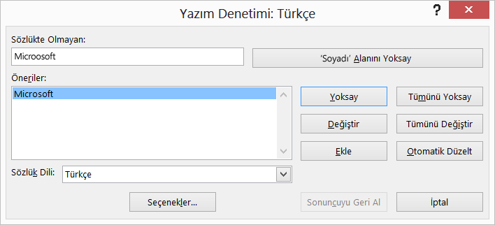 Yazım denetimi iletişim kutusu