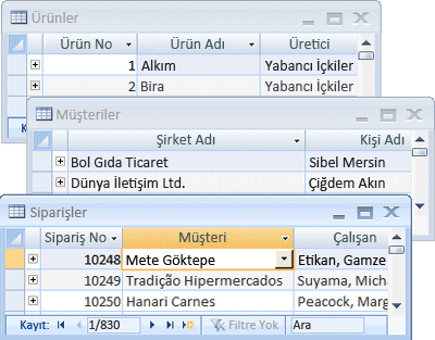 Veri sayfalarında üç tabloyu gösteren resim