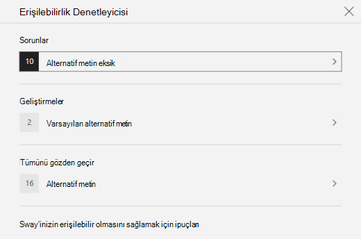 Sway'de alternatif metinle ilgili sorunları gösteren Erişilebilirlik Denetleyicisi bölmesi.