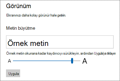 Windows Erişim Kolaylığı ayarları, Görüntü sekmesinde Metni Büyüt kaydırıcısını gösteriyor.