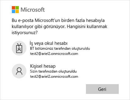 İki e-posta adresinin olduğu oturum açma ekranı