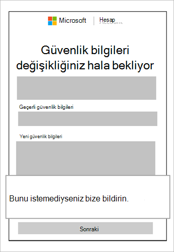 Bekleyen güvenlik bilgileri ve bu isteği iptal etme işlemini gösteren açıklama balonunun ekran görüntüsü