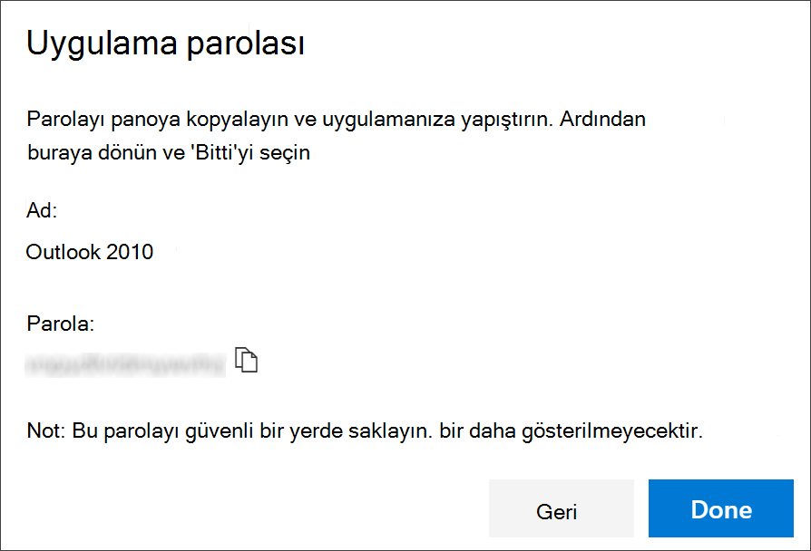 Uygulama adıyla uygulama parolası sayfası