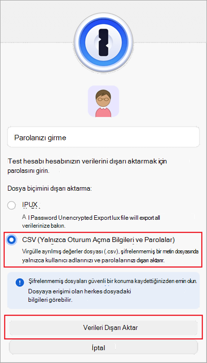1Password'un dışarı aktarma dosyası iletişim kutusu.
