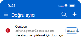 Hesabınızı geri yüklemek için oturum açma iletisini gösteren Microsoft Authenticator'ın ekran görüntüsü