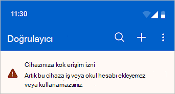 Microsoft Authenticator'da cihazınızın jailbreak uygulanmış/kök erişim iznine sahip olduğunu gösteren ekran görüntüsü.