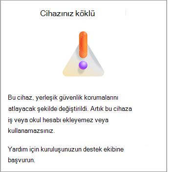 Android'de Microsoft Authenticator'da Cihazınız kök erişim izni verdi hatasını gösteren ekran görüntüsü.