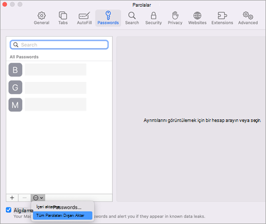 Safari ayarlarındaki Tüm Parolaları Dışarı Aktar'ın seçili olduğu parolalar menüsü.