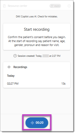 The DAX Copilot screen highlighting the ambient recording button.