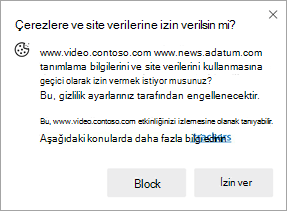 Bir site başka bir sitedeki tanımlama bilgilerini ve site verilerini kullanma izni istediğinde gösterilen istemin ekran görüntüsü