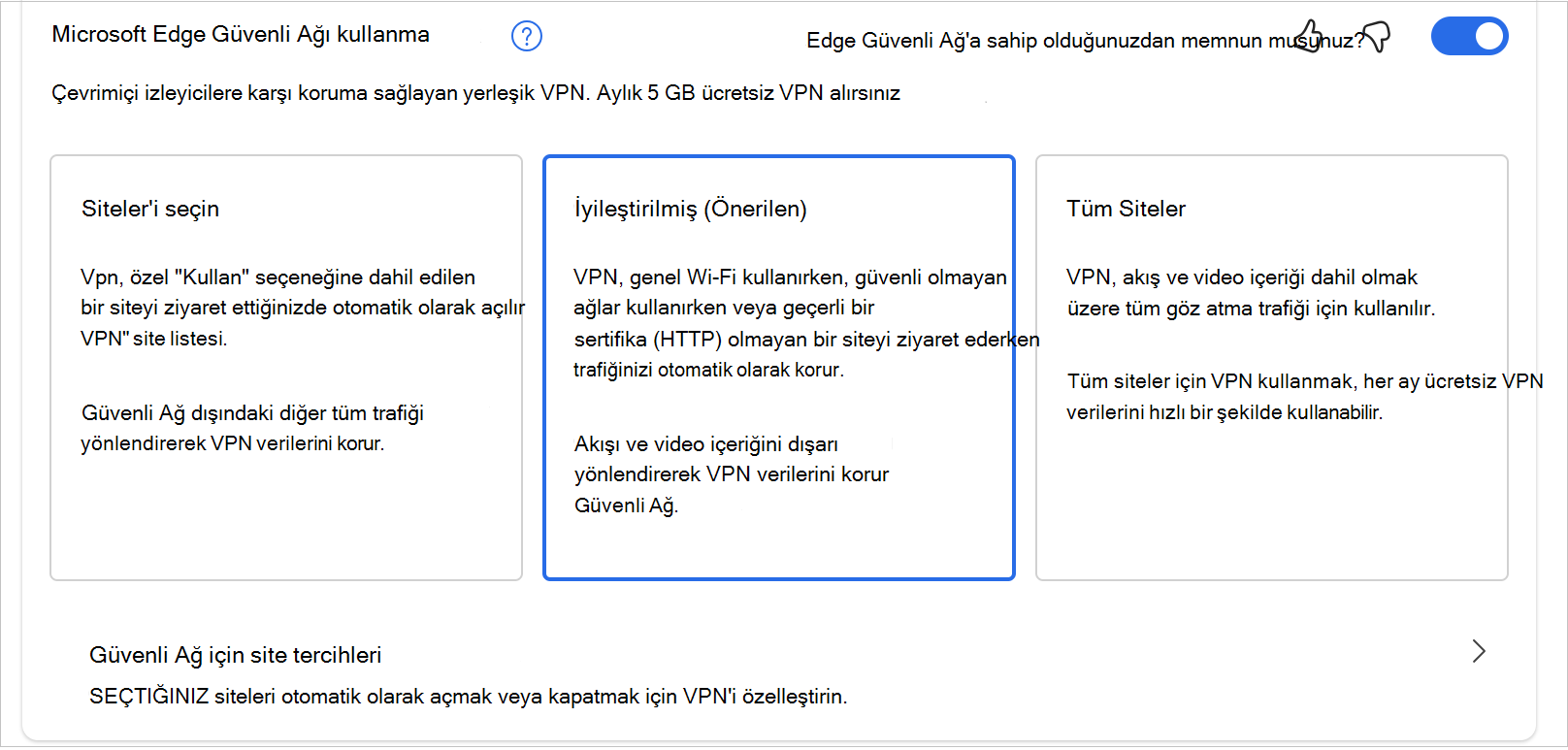 MicrosoftEdgeSecureNetwrok'taki seçeneklerin ekran görüntüsü