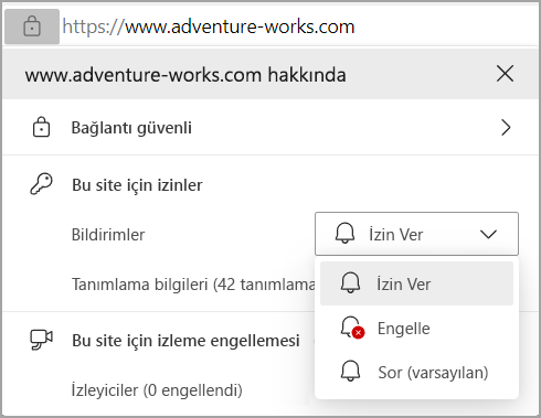 Edges tarayıcı adres çubuğunda Bildirimler izinlerini gösteren resim.