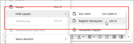 Bağlantı Olarak Yapıştır'ı seçin (Varsayılan)
