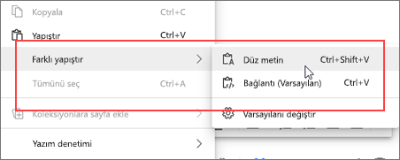 Bağlam menüsü düz metin olarak yapıştır