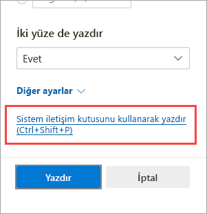 Sistem kullanarak yazdır iletişim kutusu
