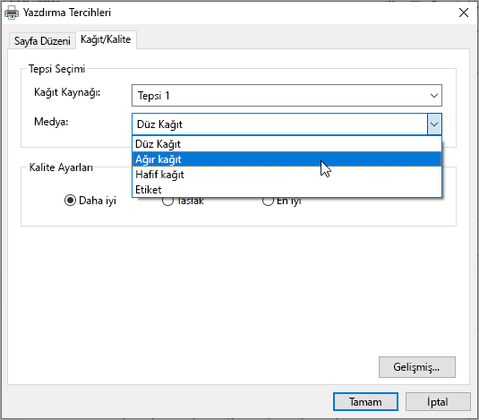 Windows sistem yazdırma iletişim kutusu tercihleri