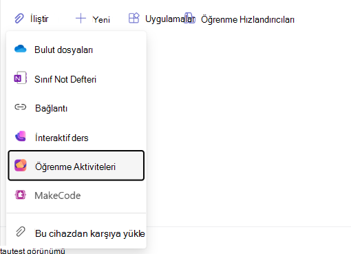 Öğrenme etkinlikleri gezintisinin ekran görüntüsü.
