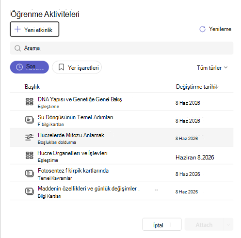 Bir öğrenme aktivitesi eklemenin ekran görüntüsü.