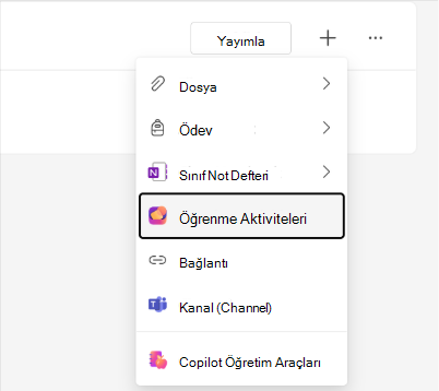 TSınıf ÇalışmasıSınıf Çalışması modül menüsündeki Öğrenme Etkinlikleri seçeneğinin ekran görüntüsü.