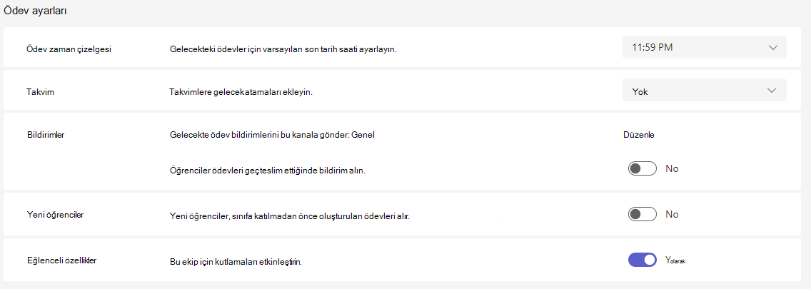 Ödev ayarlarının ekran görüntüsü.