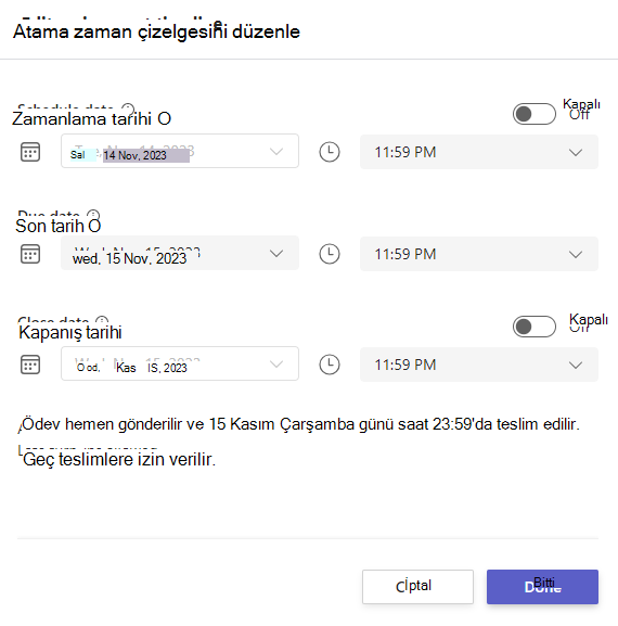 Ödev zaman çizelgesini düzenleme ekran görüntüsü.