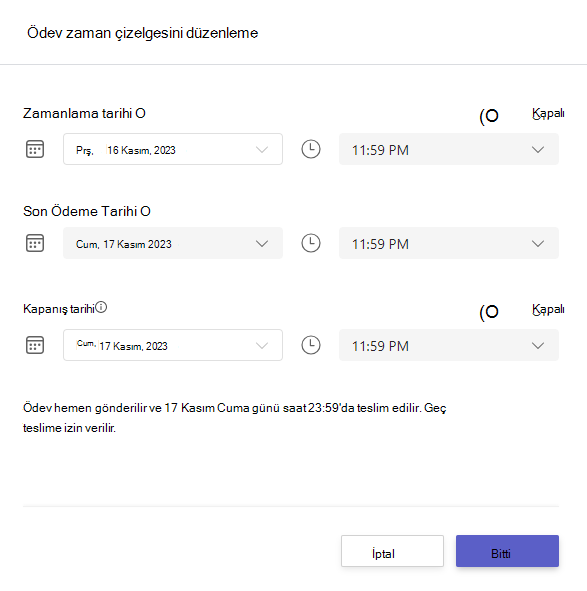 Ödev zaman çizelgesini düzenlemeyi gösteren ekran görüntüsü