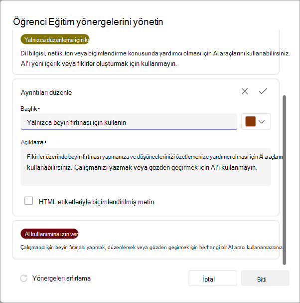 Yapay zeka yönergelerini yönetme seçeneklerinin ekran görüntüsü.