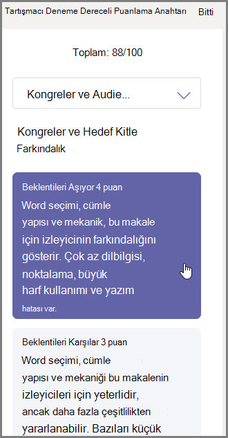 Seçilen kısımdan atamak istediğiniz puanı seçin ve altına geribildiriminizi girin