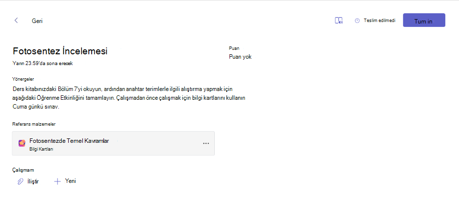 Bir ödev içinde görüntülenen Öğrenme Etkinliği kartının ekran görüntüsü.