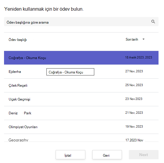 Yeniden kullanmak üzere ödev bulma işleminin ekran görüntüsü.