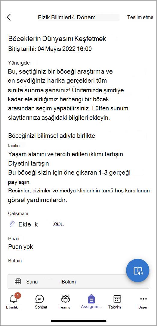 Öğrencilerin mobil Teams'de ödev gönderirken gördüklerinin ekran görüntüsü.