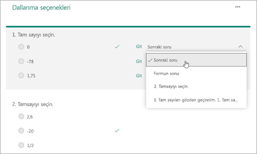 Dallanma eklenecek bir soru seçme işleminin ekran görüntüsü.