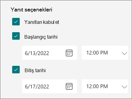 Kullanıcıların yanıtlar için başlangıç ve bitiş tarihi ayarlayabildiği form/test ayarlarının ekran görüntüsü.