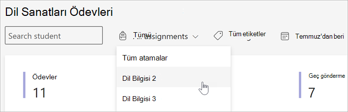 İçgörüler'in Ödevler ve Notlar görünümündeki kullanılabilir filtrelerin ekran görüntüsü. öğrenciye göre, ödeve göre etikete göre veya tarihe göre arama yapabilirsiniz.