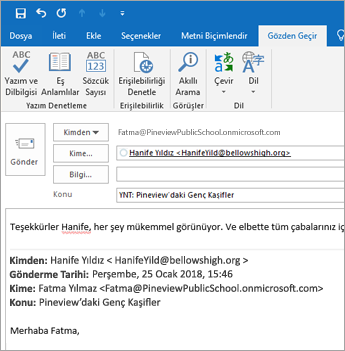 Gözden geçir sekmesinin ekran görüntüsü.