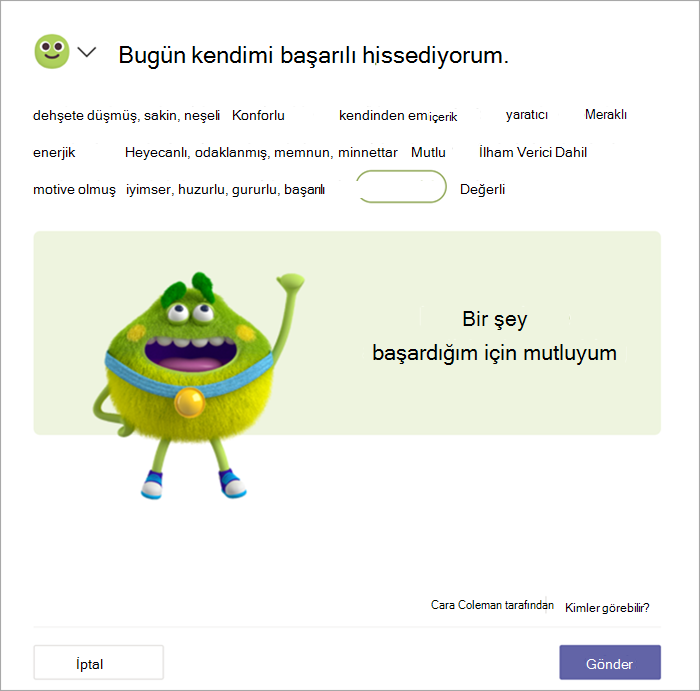 Altın madalya takan yeşil bir duygu canavarı yumruğunu havaya kaldırıyor. Öğrenci Başarılı sözcüğünü seçti