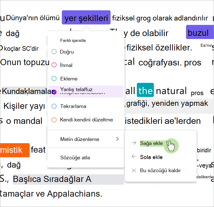Seçili bir sözcüğün sağ veya sol tarafına sözcüklerin nasıl eklendiğini gösteren okuma ilerlemesinin gözden geçirme bölmesinin ekran görüntüsü